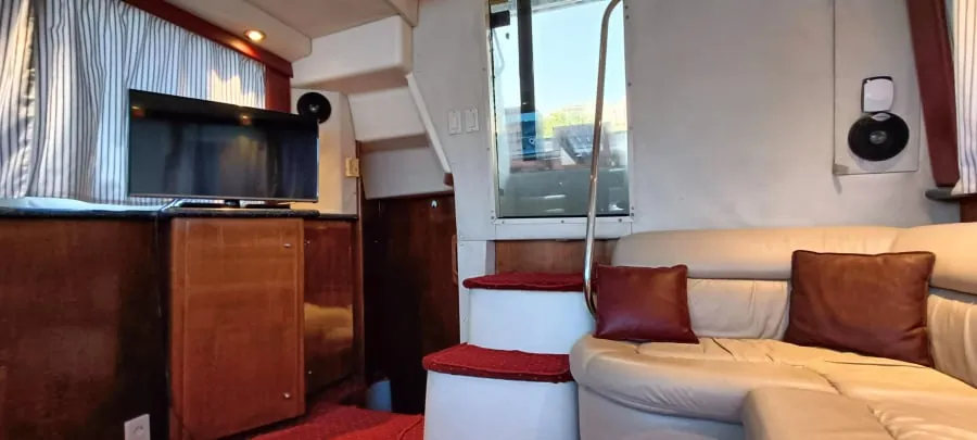 The salon looking aft, sofa and counter to either side