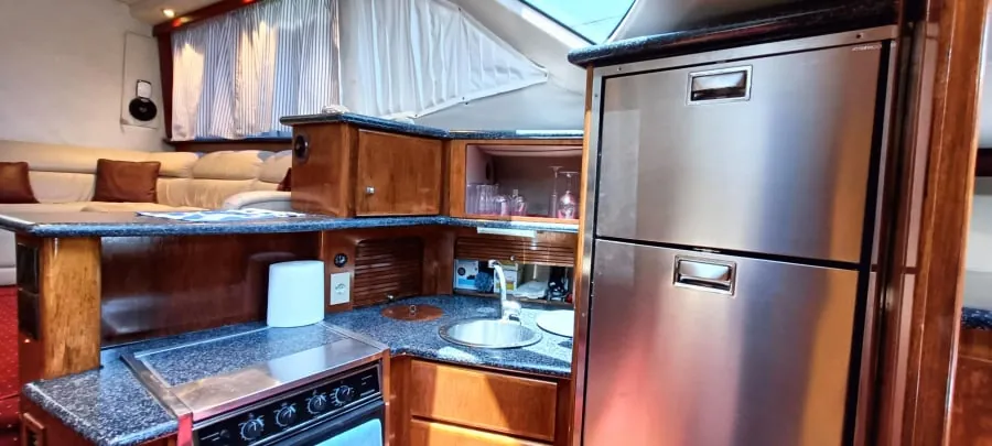 The galley's fridge, hob and storage